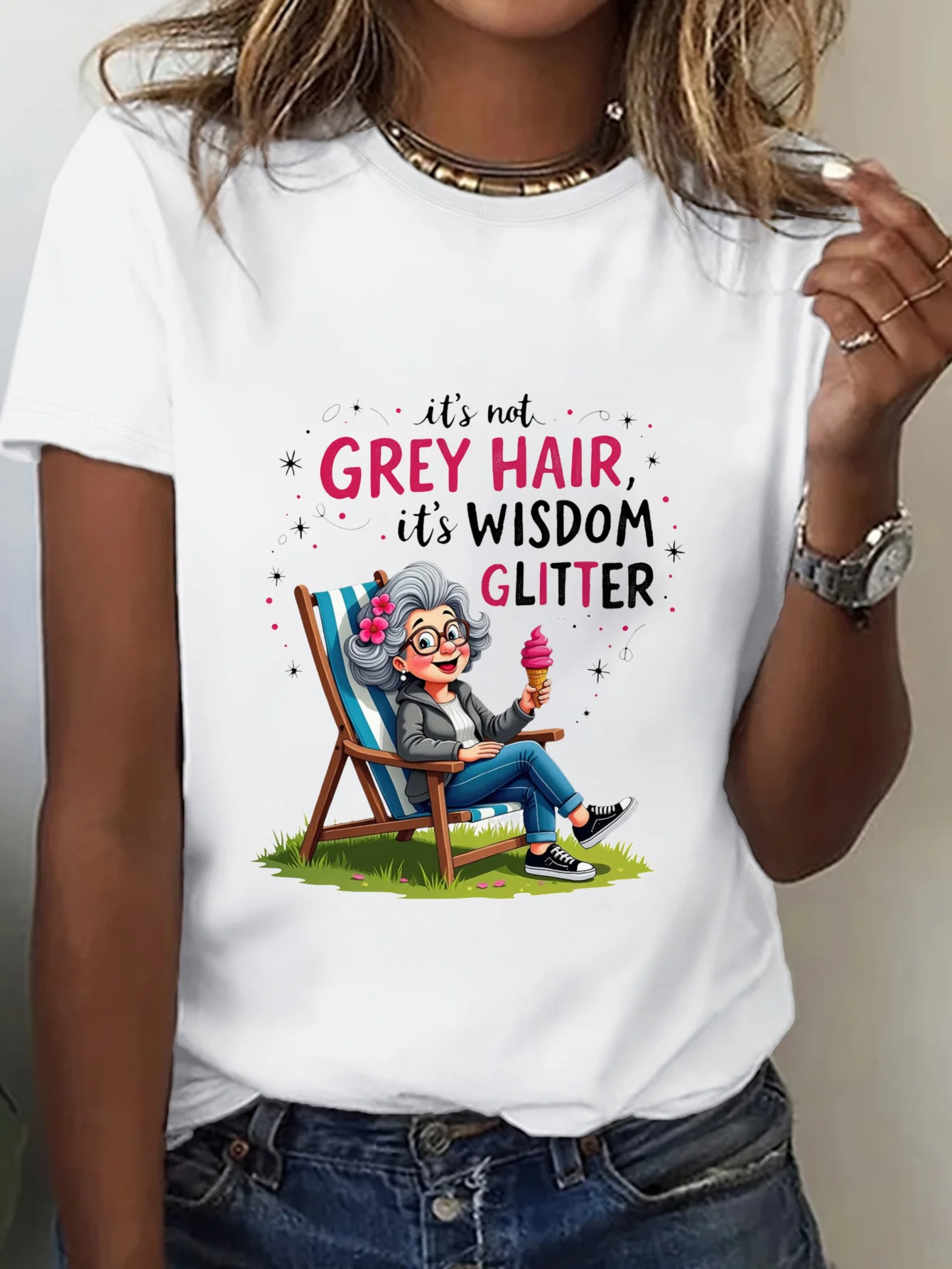 Top informal transpirable de manga corta con cuello redondo, estampado de purpurina de sabiduría de pelo gris con diseño Floral, ropa estética informal