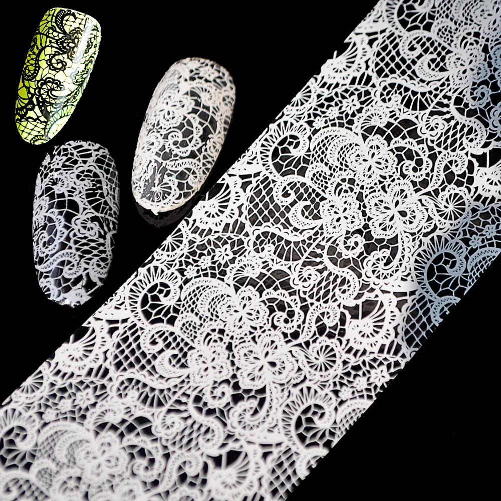 Cool Lace Nail Foil Sticker White Black Flower Pattern Swirl Vines Nail Art Design Glue Transfer Decal Foil Manicure Supplies