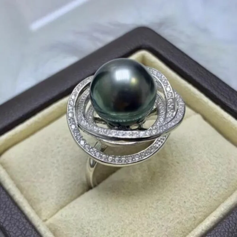 

Stunning 11-12mm Tahitian Round Black Green Pearl Ring 925s