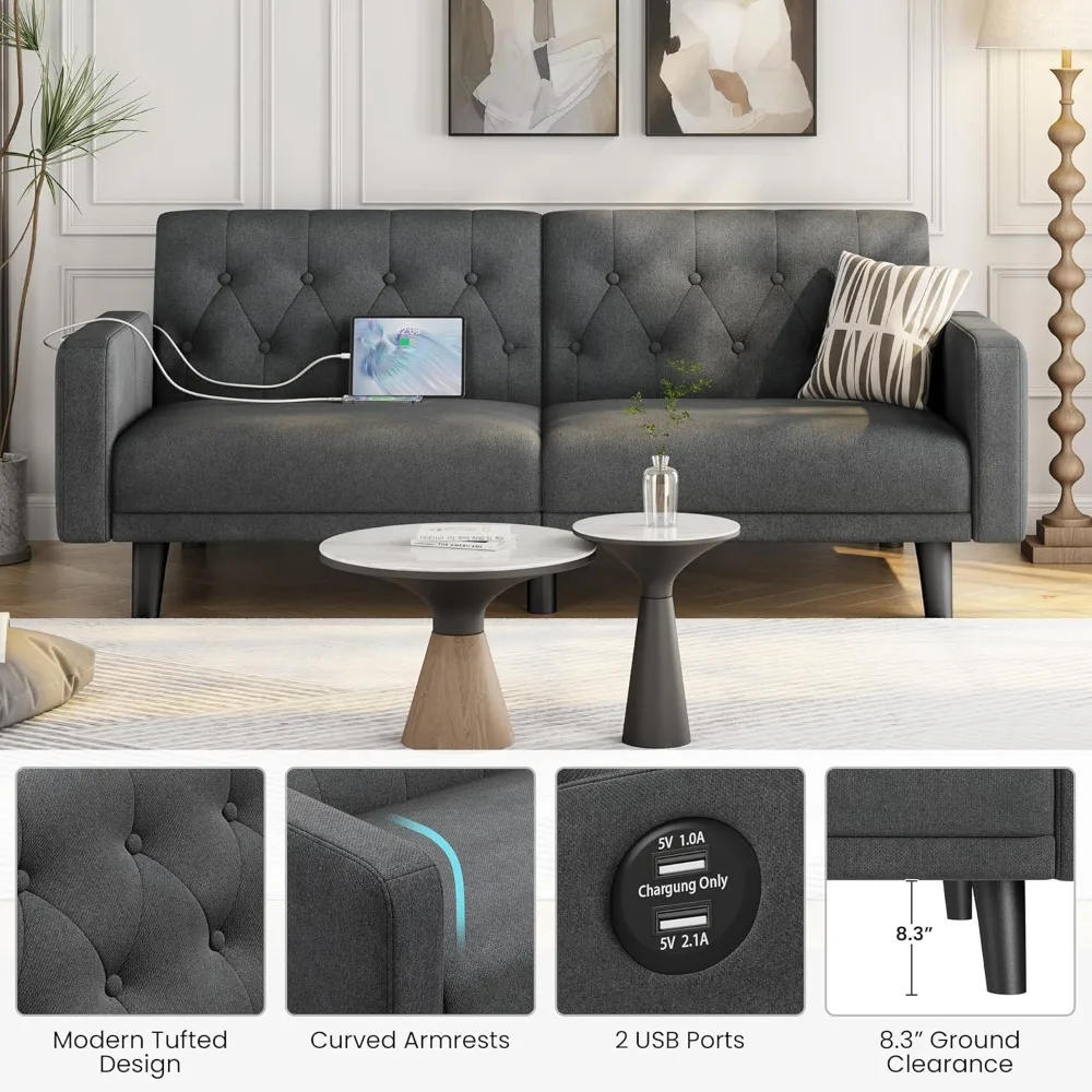 63 أريكة سرير فوتون صغيرة قابلة للتحويل مع منفذي USB ومسند ظهر قابل للاستلقاء ومساند للذراعين قابلة للإزالة، حديثة في منتصف القرن #6