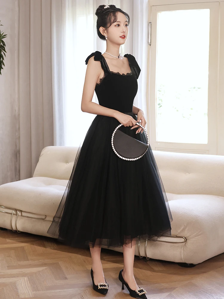 

Elegant Black Prom Dress Scoop Lace-up Back Tea Length Party Dresses