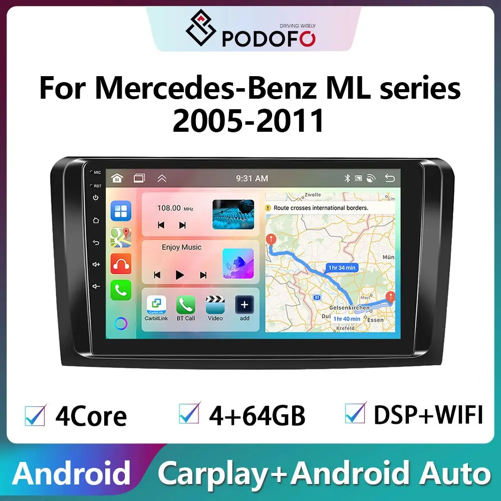 Podofo Autoradio 2Din Android Radio For Mercedes-Benz ML series 2005-2011 GPS Navigation No DVD Car Multimedia Video Player