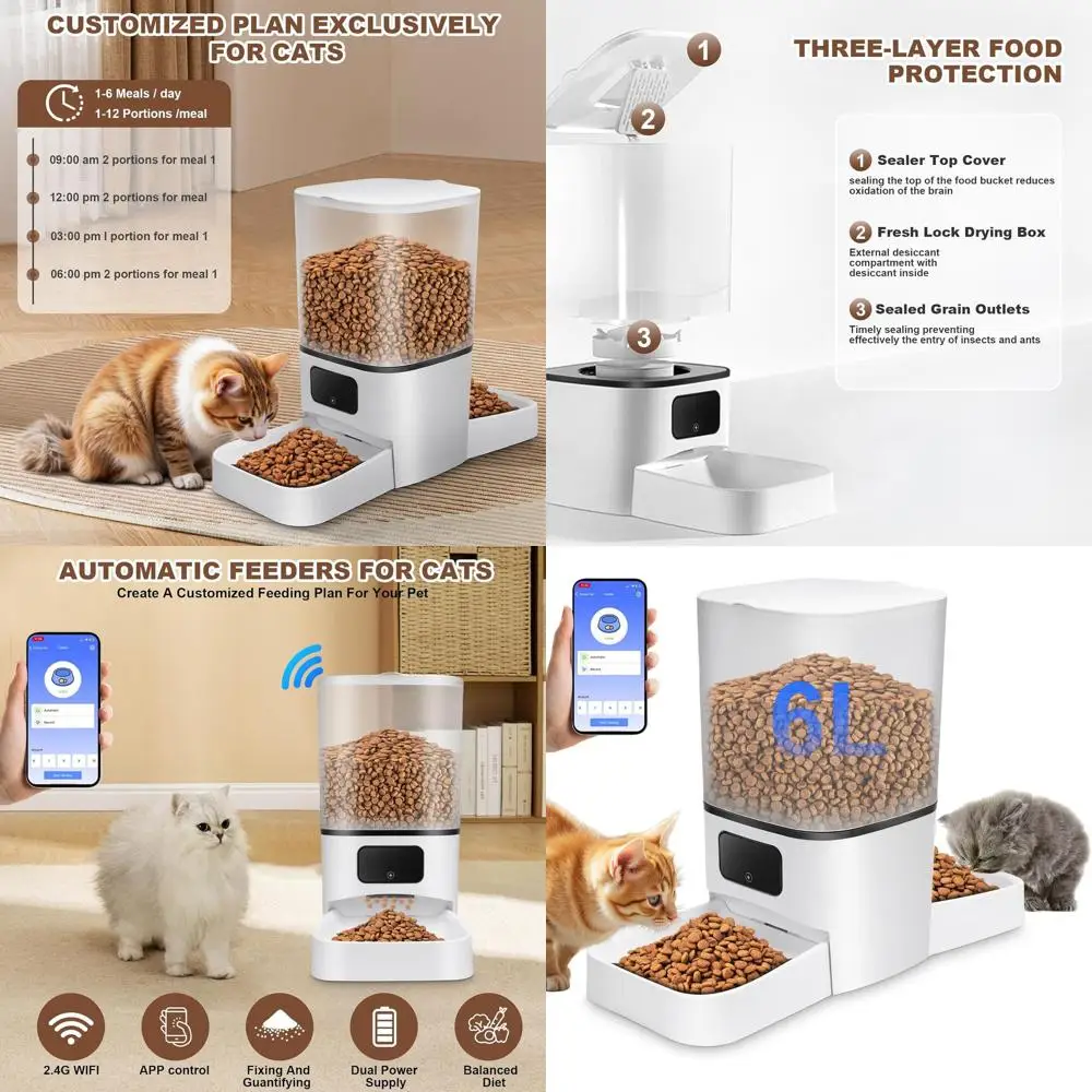 

Dual-Bowl 6L Smart Cat Feeder, Large Capacity, Detachable Bowls, App-Controlled for 2 Cats