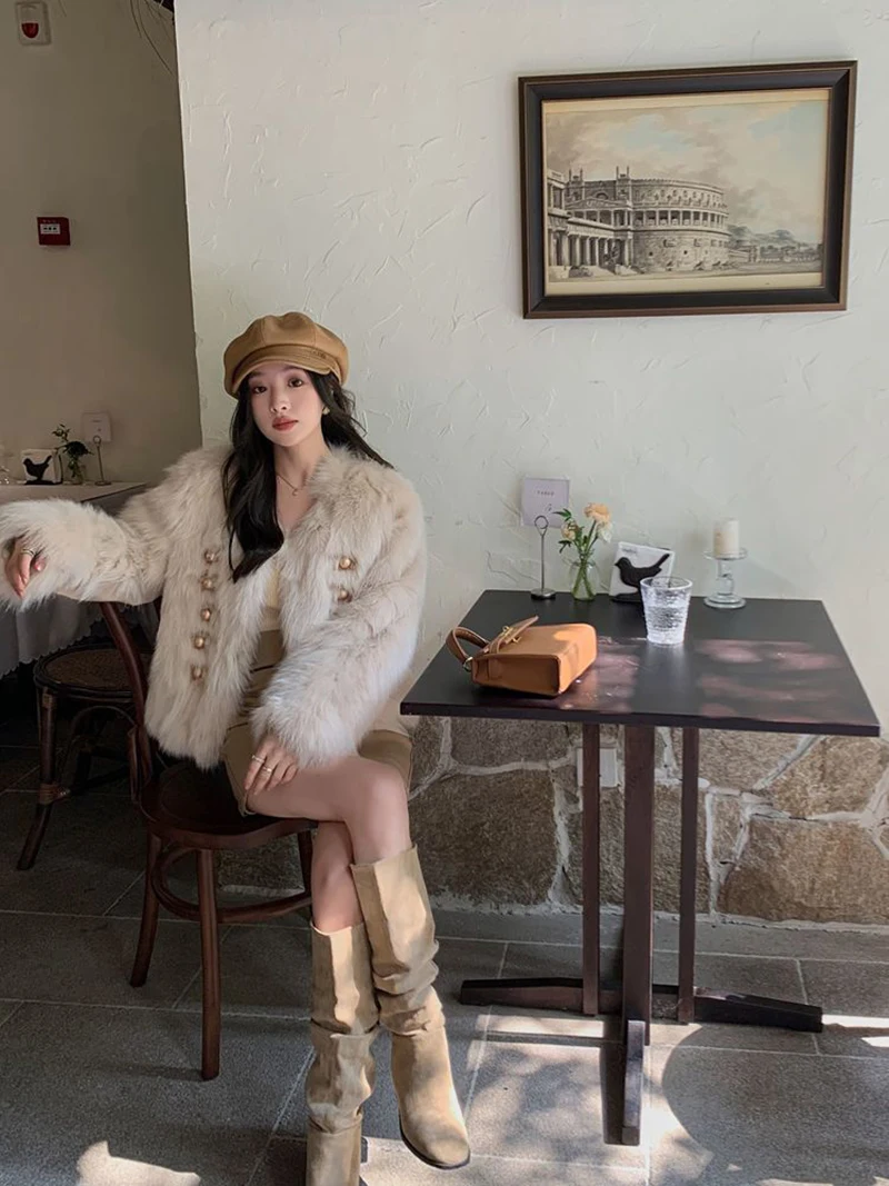 Chic White Women Faux Fur Jacket Pearl Button Coat Collarless Long Sleeve Cropped Loose Luxury Cozy Winter Outerwear Top