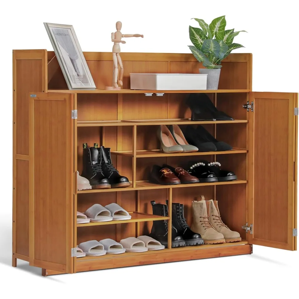 

46" Bamboo Shoe Cabinet Organizer Rack with Bifold Opening Doors and Top Compartment, Freestanding Shoe Shelf for 21 Pairs Shoe