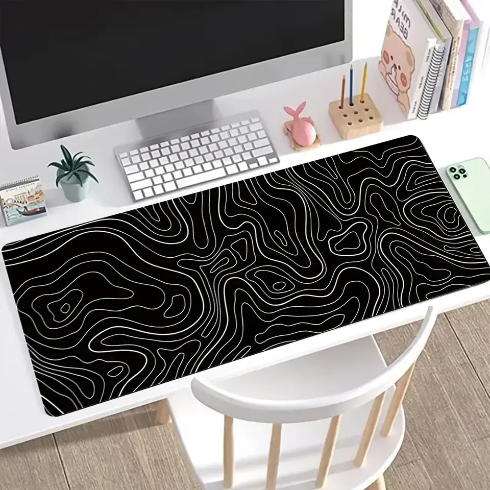  31.5 x 11.8in Gaming Mouse Pad Large Keyboard Pad  Topographic Mouse Pad Black and White Mouse Pad for Keyboard with Anti-Sl 