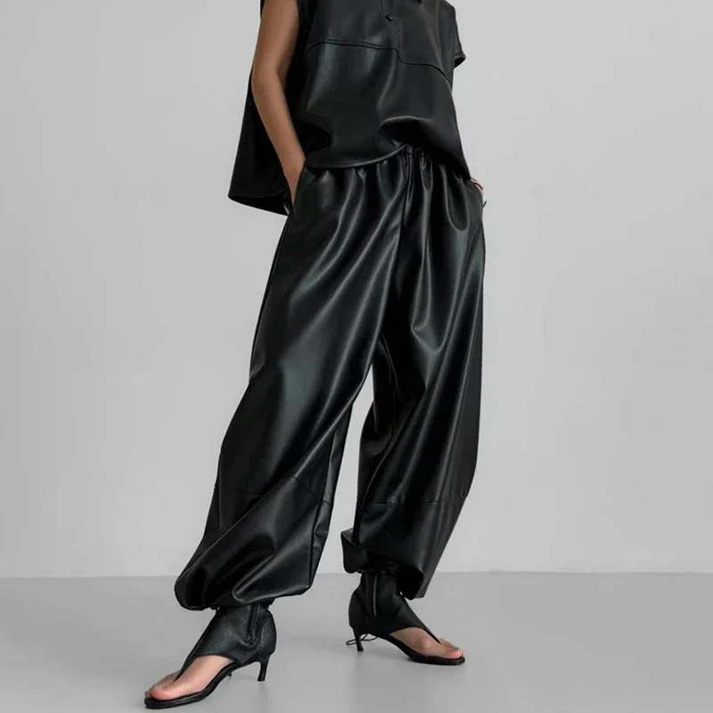 PU Leather Loose Bloomer Pants For Women High Street Casual Drawstring Trousers Club Party Pants Female  Fall New