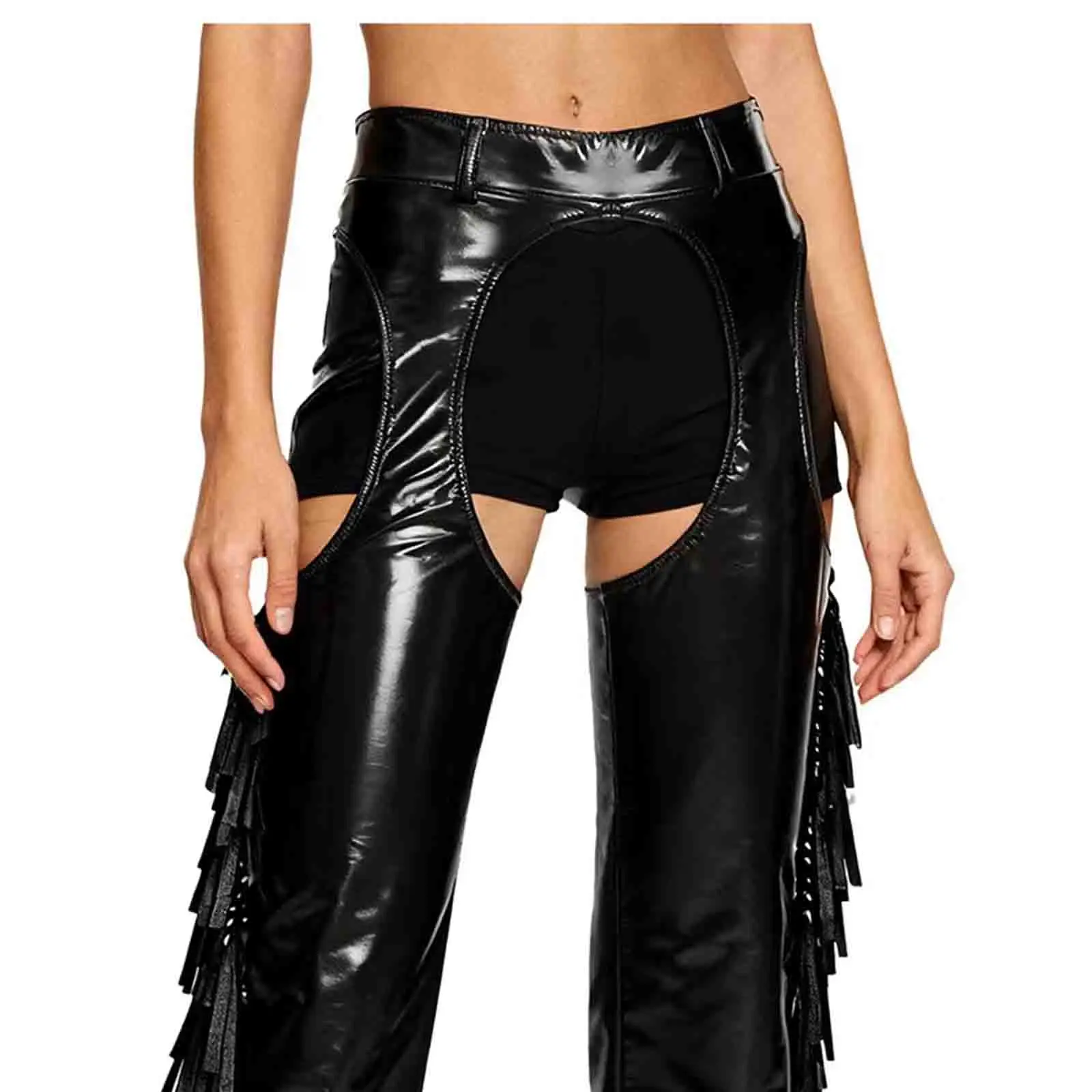 

Women Fashion PU Leather Chap Pants Shiny Tassel Crotchless Long Pants for Cowgirl Hippies Disco Dance Performance Trousers