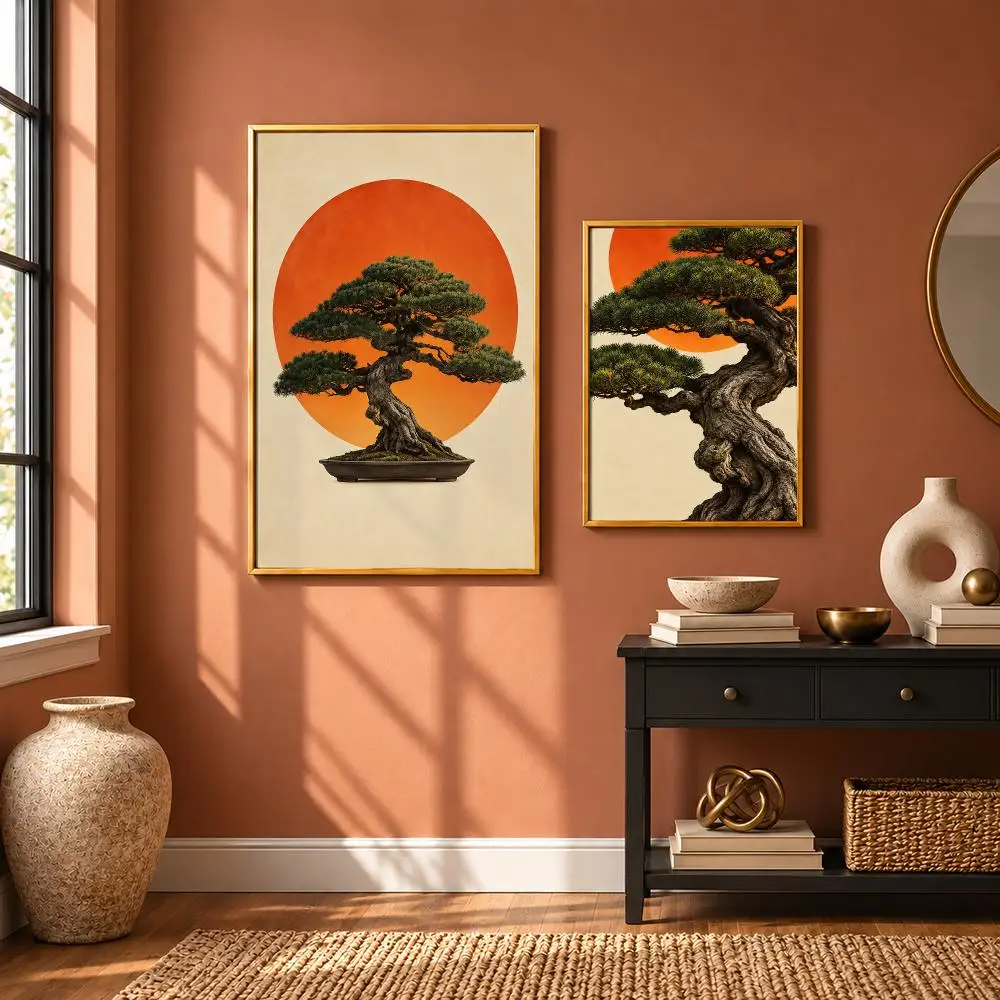 Retro Okinawa Bonsai Sun Poster Art Wall Stickers & Self-Adhesive Decals for Home, Bedroom & Living Room