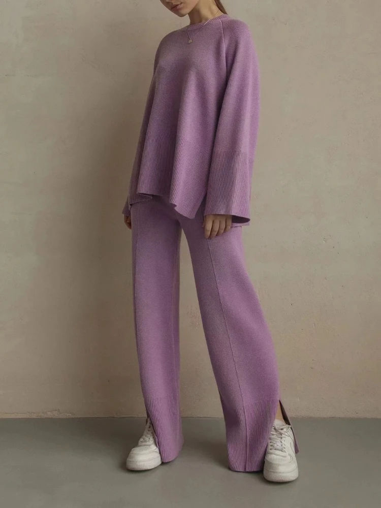 

Осенне-зимний свитер, комплект из 2 предметов, женский наряд, расклешенные рукава, круглый вырез, свободный пуловер, комплект из двух предметов для женщин, комплекты брюк