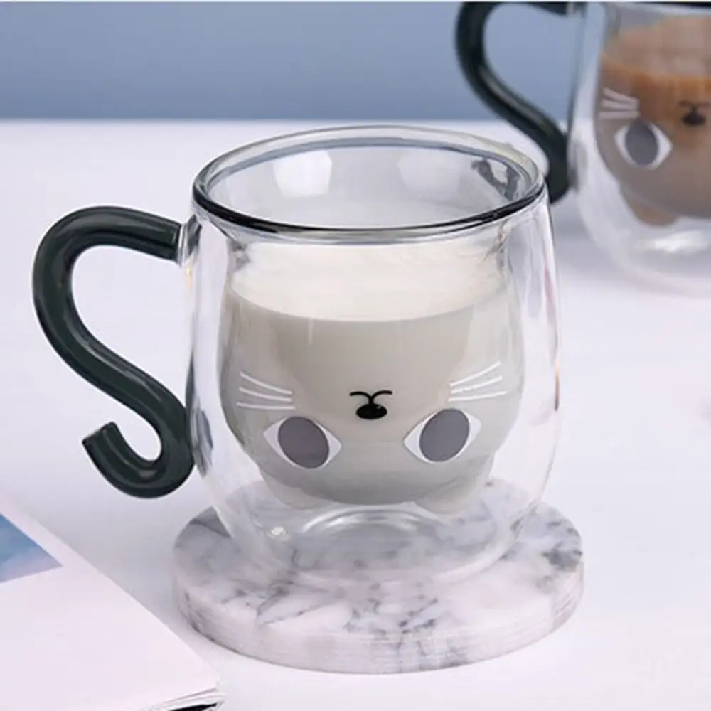 Insulated Glass Coffee Mugs Double-Walled Cartoon Cat Espresso Coffee Cups Heat Resistant Drinkware Water Cups Summer