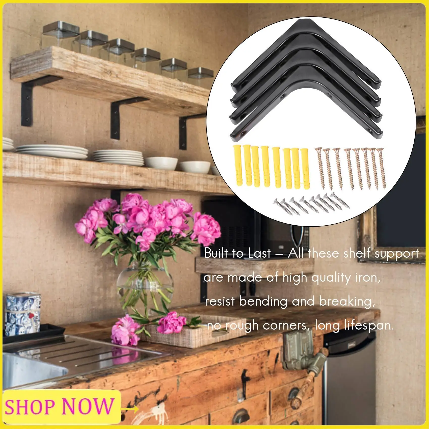 Especial 4 PCS Iron Wall Shelf Bracket, Heavy Duty Shelf Support Bracket Decorative Joint Angle Bracket, Black