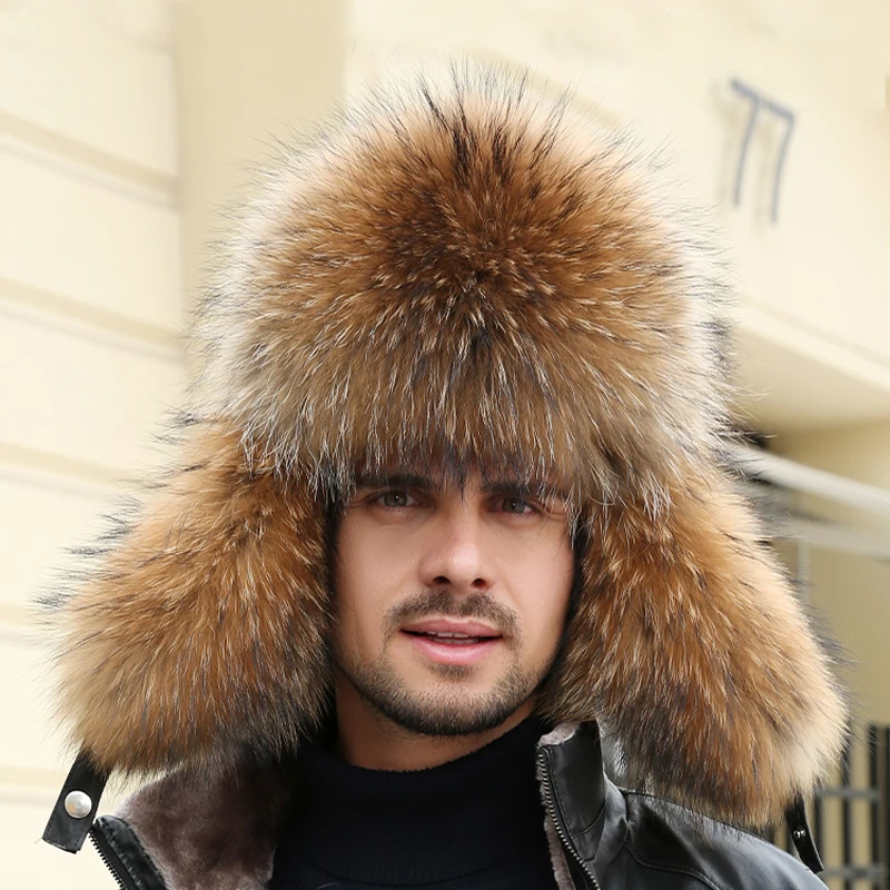 New Winter Men's 100% Real Silver Fox Fur Bomber Hat Raccoon Fur Ushanka Cap Trapper Russian Man Ski Hats Caps Real Leather