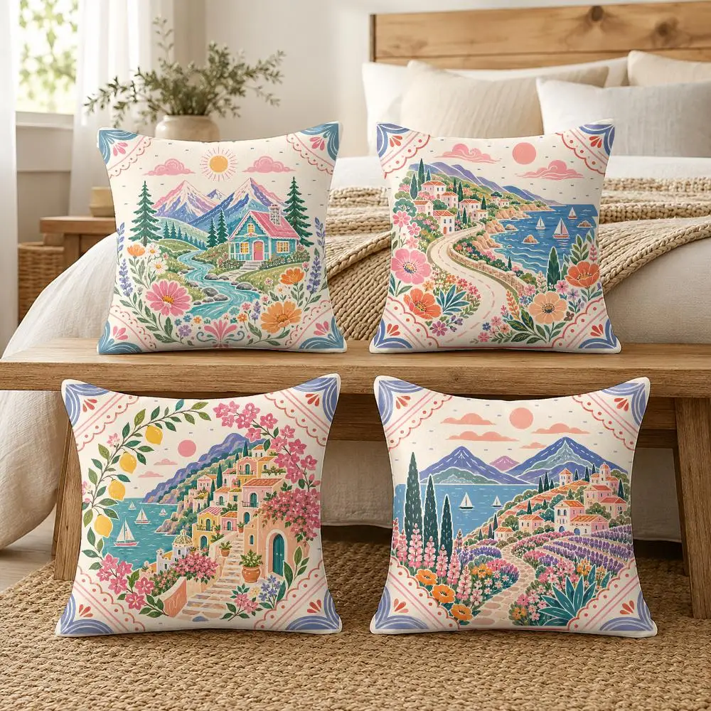 Colorful Nature Mountain Lake Landscape Cushion Cover Soft Short Plush Pillow Cover Smooth Cozy Texture Cushion Case Home Decor