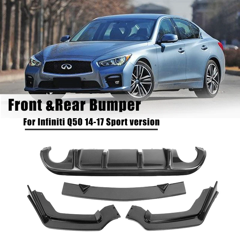 Front Bumper Lip Spoiler + Rear Bumper Diffuser For Infiniti Q50 Sport Version 2014-2017 Carbon Fiber Bumper Protector Cover