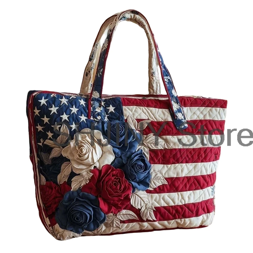 

Floral American Flag Print Quilted Tote Women Daily Shoulder Bag Patchwork Handbag For Shopping 2026 New Bags