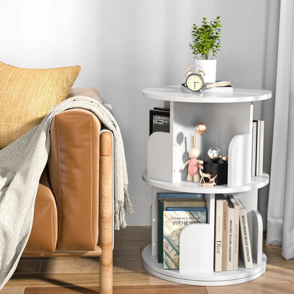 

360° Rotating Bookshelf, Revolving Bookcase with 2-Tier Storage, Space-Saving Corner Shelf for Living Room & Bedroom