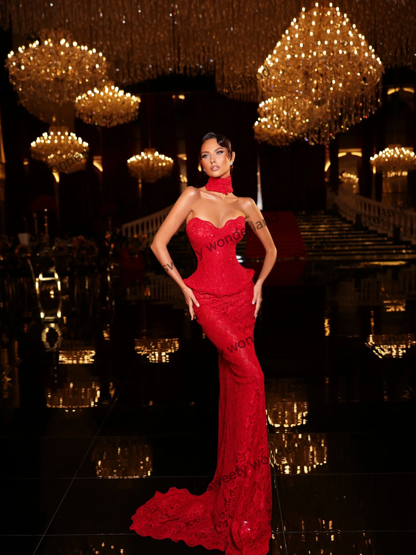 Czerwone Sukienki Wieczorowe Bez Ramiączek Koronkowe Syreny Suknie Balowe Z Cekinami Do Ziemi Suknie Ślubne Na Przyjęcia Personalizowane Vestidos