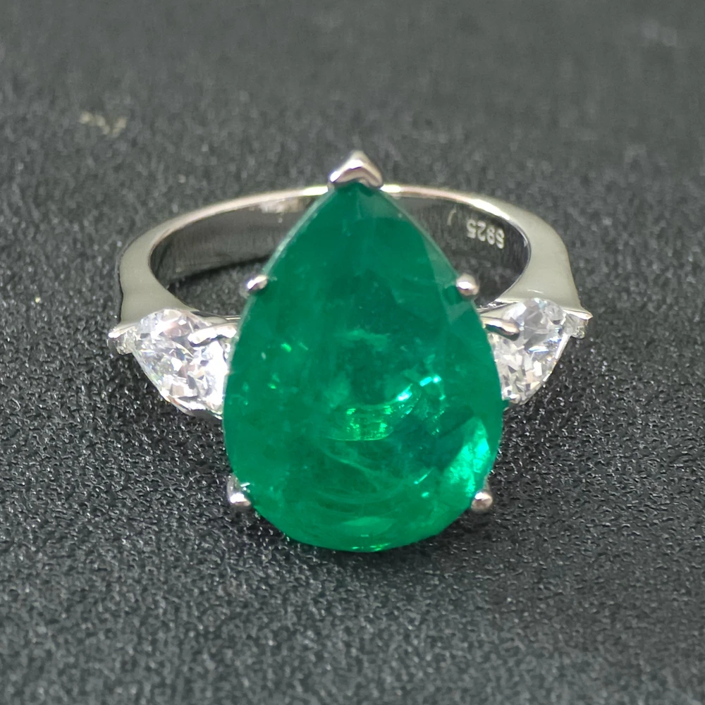 KQDANCE-Grande bague en argent regardé 925 pour femme, 13x18mm, pierre verte taillée en formage, diamant à haute teneur en carbone, émeraude créée,