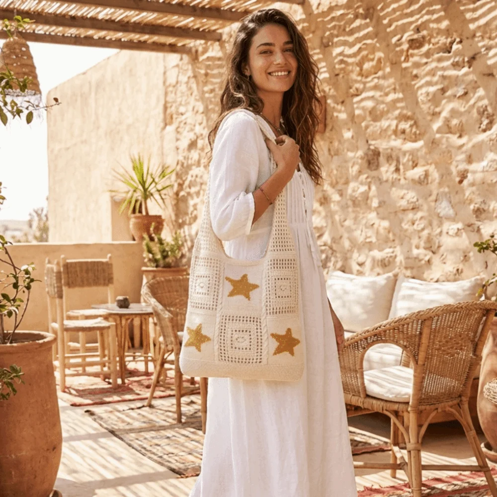Fashion Starfish Crochet Tote Bag Solid Color Shell Woven Shoulder Bag Hollow Large Capacity Knitting Handbag School