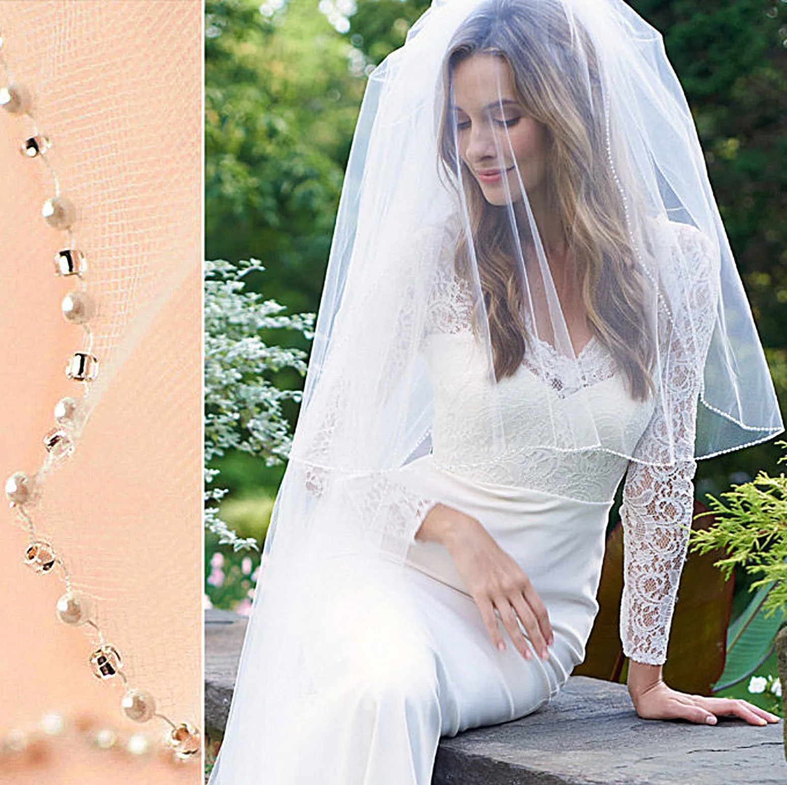 Handmade simple Crystal Pearl Double Layer Bridal Veil with Blusher Elegant Soft Tulle Cathedral Wedding Veils with Comb G191