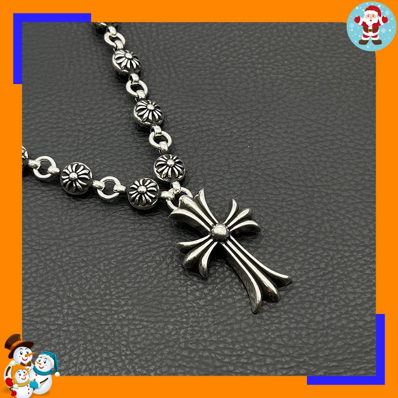 Premium Retro Cross Element Necklace Integrated Chain Men's and Women's Cross Flower Ball Chain Classic Trendy Accessories