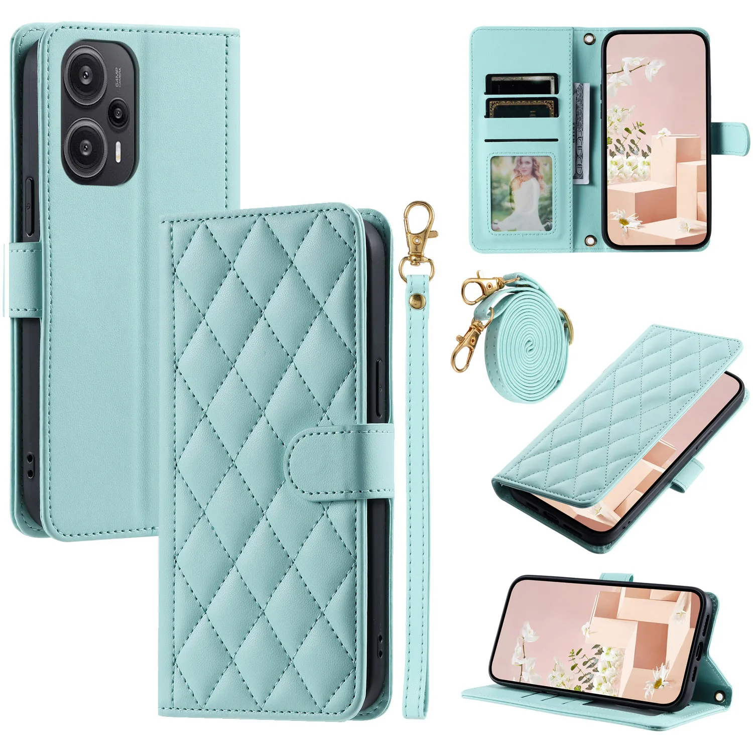 

For Xiaomi POCO F5 Phone Case Crossbody Back Long Lanyard Silicone Protective Case Flip Leather Case