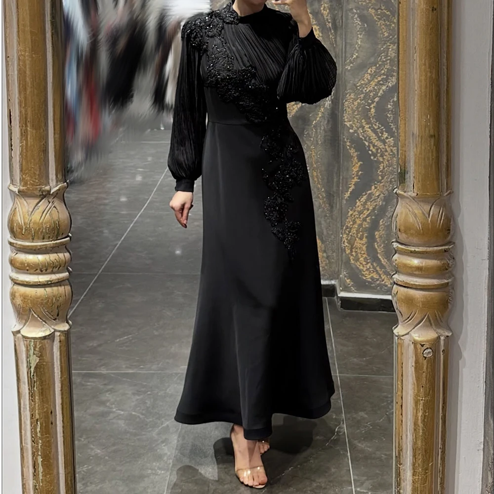 

Вечерние платья трапециевидной формы по индивидуальному заказу, длиной до щиколотки, с высоким воротником и длинными рукавами, платье для выпускного вечера, модные цветы, расшитые блестками, плиссированные драпированные вечерние платья