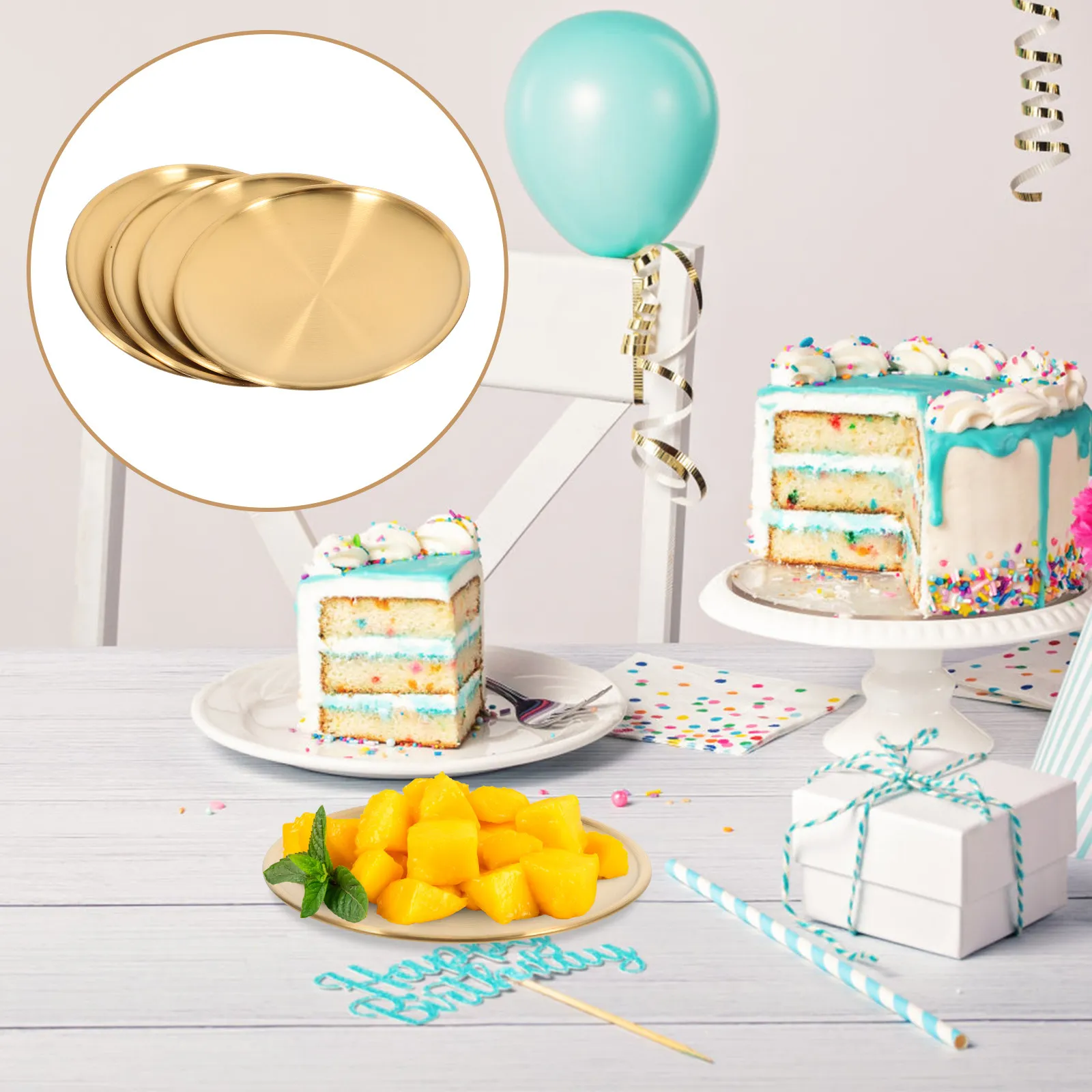 4Pcs Stainless Steel Salad Plates 14cm Gold Finish, 304 Food-Grade Round Unbreakable Plates for Home, Kitchen, Picnic
