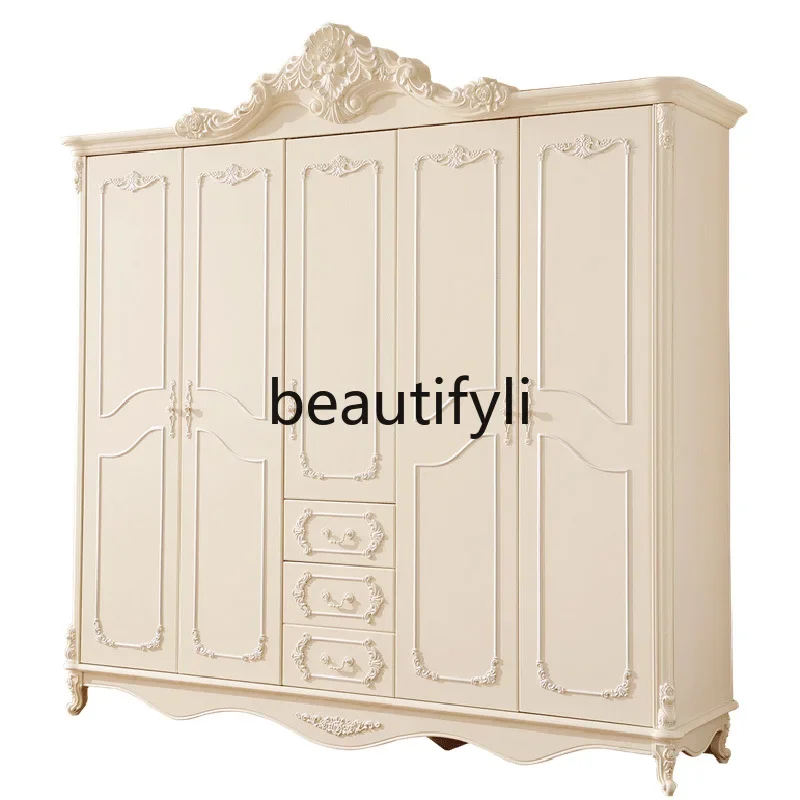 European wardrobe bedroom modern simple storage white large wardrobe solid wood cabinet