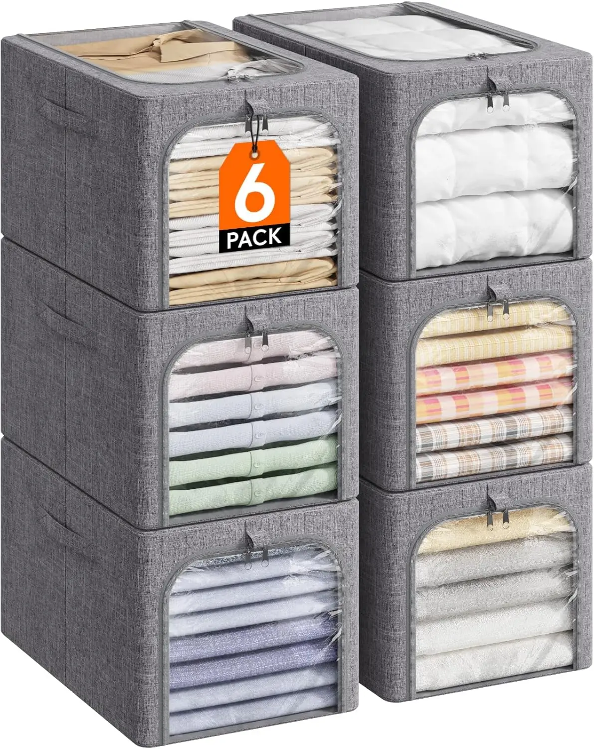

6-Pack Foldable Storage Bins with Metal Frame, Stackable Fabric Containers for Clothes and Blankets, 40L