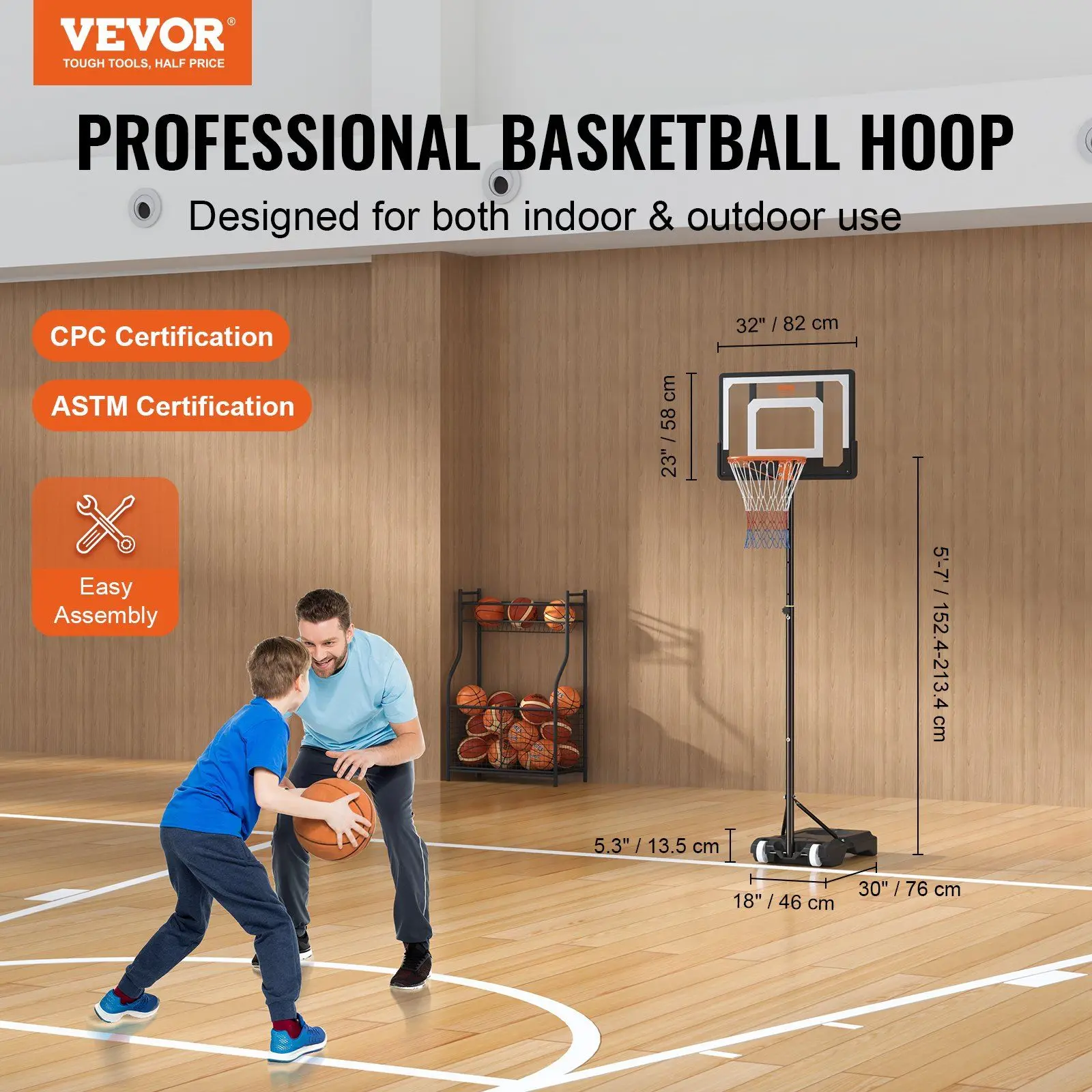 Basketball Hoop, 5-7 ft Adjustable Height Portable Backboard System, 32 inch Basketball Hoop & Goal