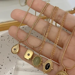 Geometric Water Drop Star Pendant Necklace For Women Stainless Steel Snake Chain Oval Green Stone Charms Elegant Jewelry Gifts