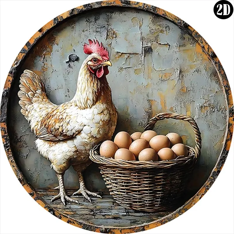 Retro Round Metal Sign, Vintage Hen & Egg Basket Print, Farmhouse Kitchen Wall Decor for Home, Farm, Countryside