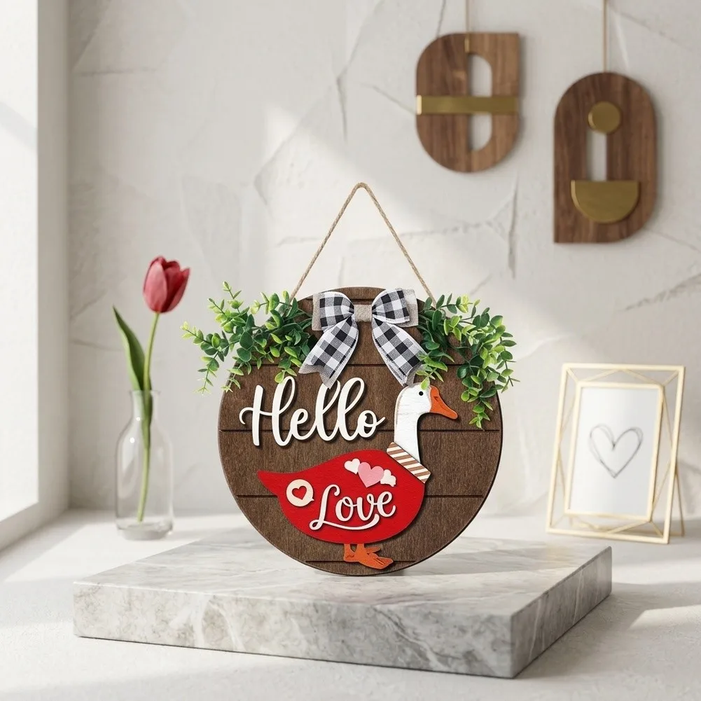 30cm Wooden Goose Welcome Wreath with 13 Interchangeable Pieces For Rustic Farmhouse Door Decor for All Seasons