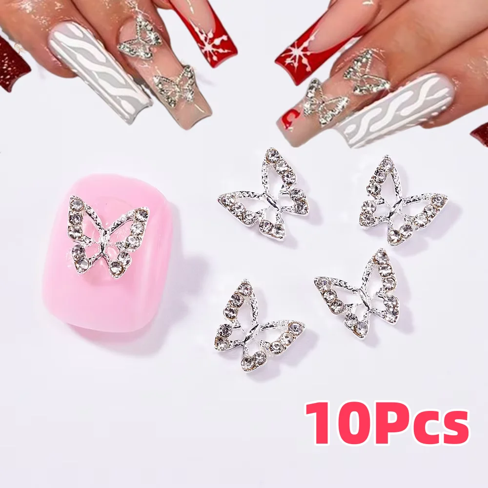 10 個 3D 合金中空蝶ネイルアートチャームゴールド/シルバーグリッターダイヤモンド羽蝶ラインストーン高級マニキュアパーツ