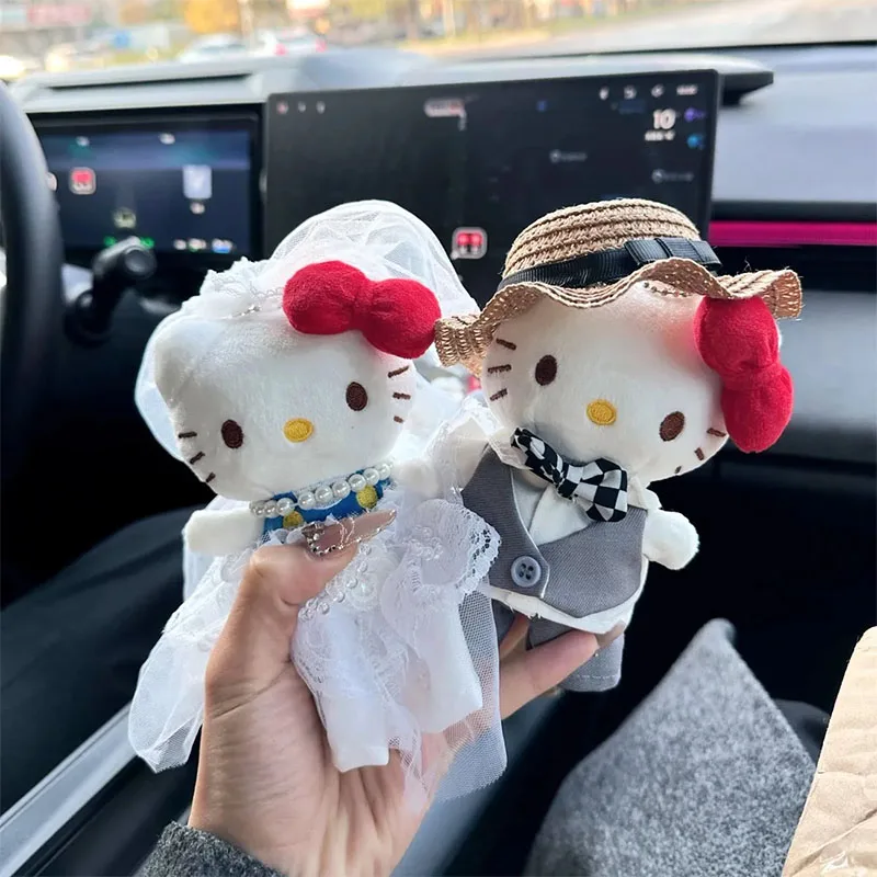 Cute Hello Kitty Wedding Plush Keychain Bride and Groom Couple Set Cartoon Stuffed Toys Newlyweds Couple Doll Pendant Girl Gifts