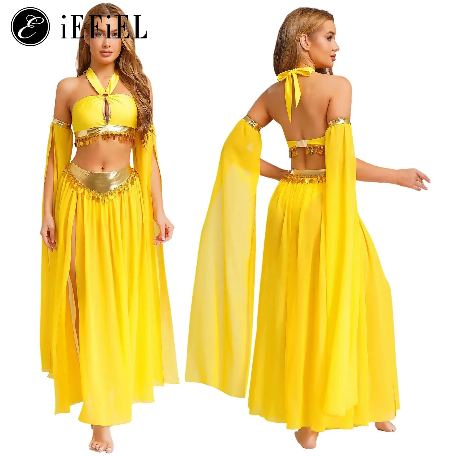 

Halloween Belly Dance Performance Costume Egyptian Cleopatra Halter Sequin Crop Top with Side Slit Chiffon Skirt Sleeves Outfits