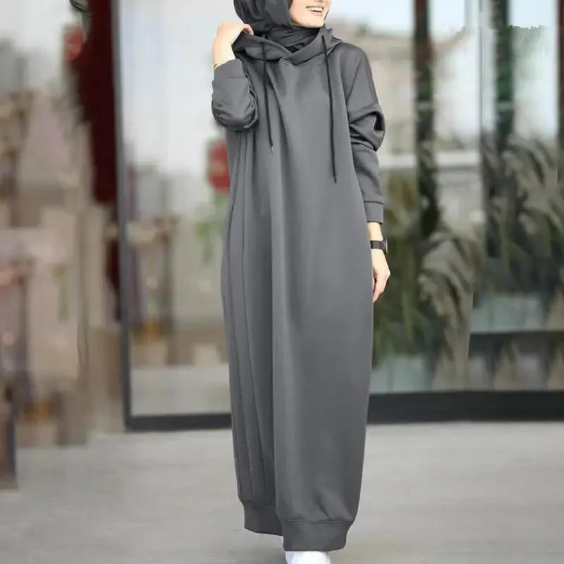 Robe longue à capuche à manches longues pour femmes, sweat-shirt musulman, haut à capuche, robe décontractée, document solide, précieux, mode, automne, hiver