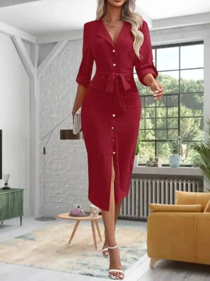 오피스 레이디 브이넥 솔리드 컬러 셔츠 스타일 드레스 여성용 긴 소매 버튼 레이스 업 드레스 우아한 가을 봄 드레스 KWX8