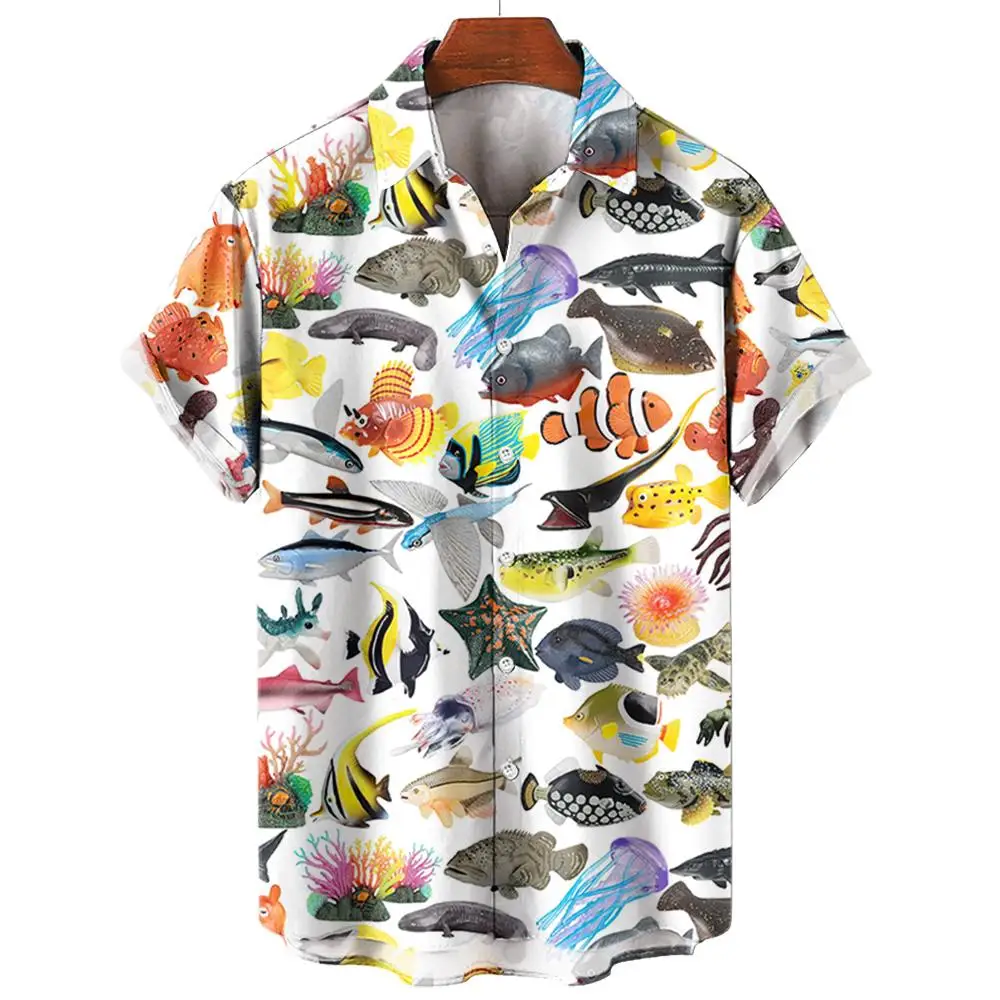 Men\'s Hawaiian Shirts 3D Print Fish Graphics Fashion Button Short Sleeve Lapel Streetwear Hawaiian Blouse shirts for men Summer