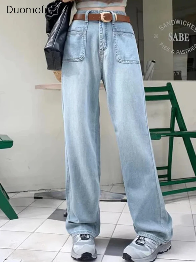 Duomofu Light Blue Classic Straight Slim Female High Waisted Jeans New Washed Distressed Loose Casual Fashion Simple Women Jeans