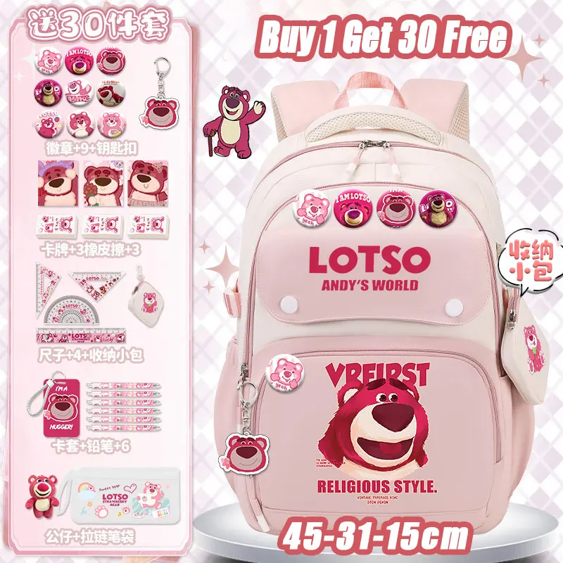 

Disney cartoon pink strawberry bear backpack girl 2025 new nylon material large-capacity school backpack