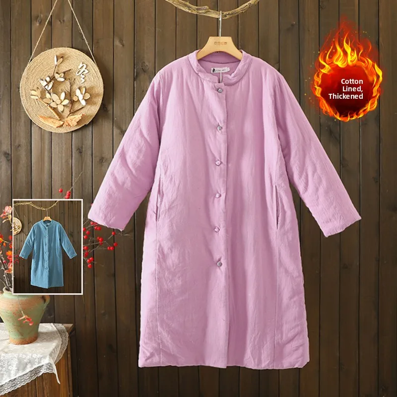 

Хлопково-льняное пальто в стиле ретро, женское хлопковое пальто средней длины большого размера с воротником-стойкой и пуговицами, зимняя верхняя одежда