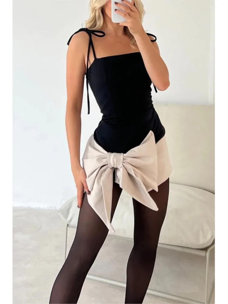 Summer Sexy Hot Girl Suspender Dress Women's Slim Slimming Tie Bow Sleeveless Mid-waist Solid Color Dress Party Mini Dresses