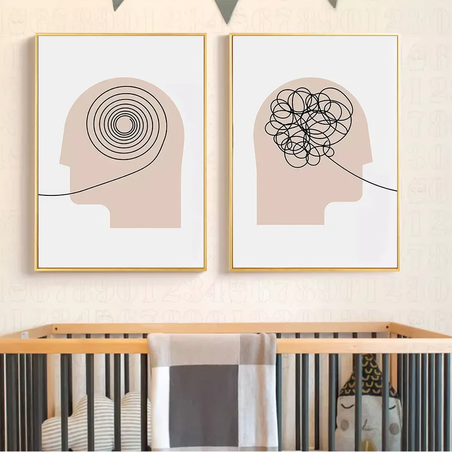 Frameless Canvas Print Abstract Mind Calm Chaotic Line Art Head Silhouette   Modern Wall Decor Nursery