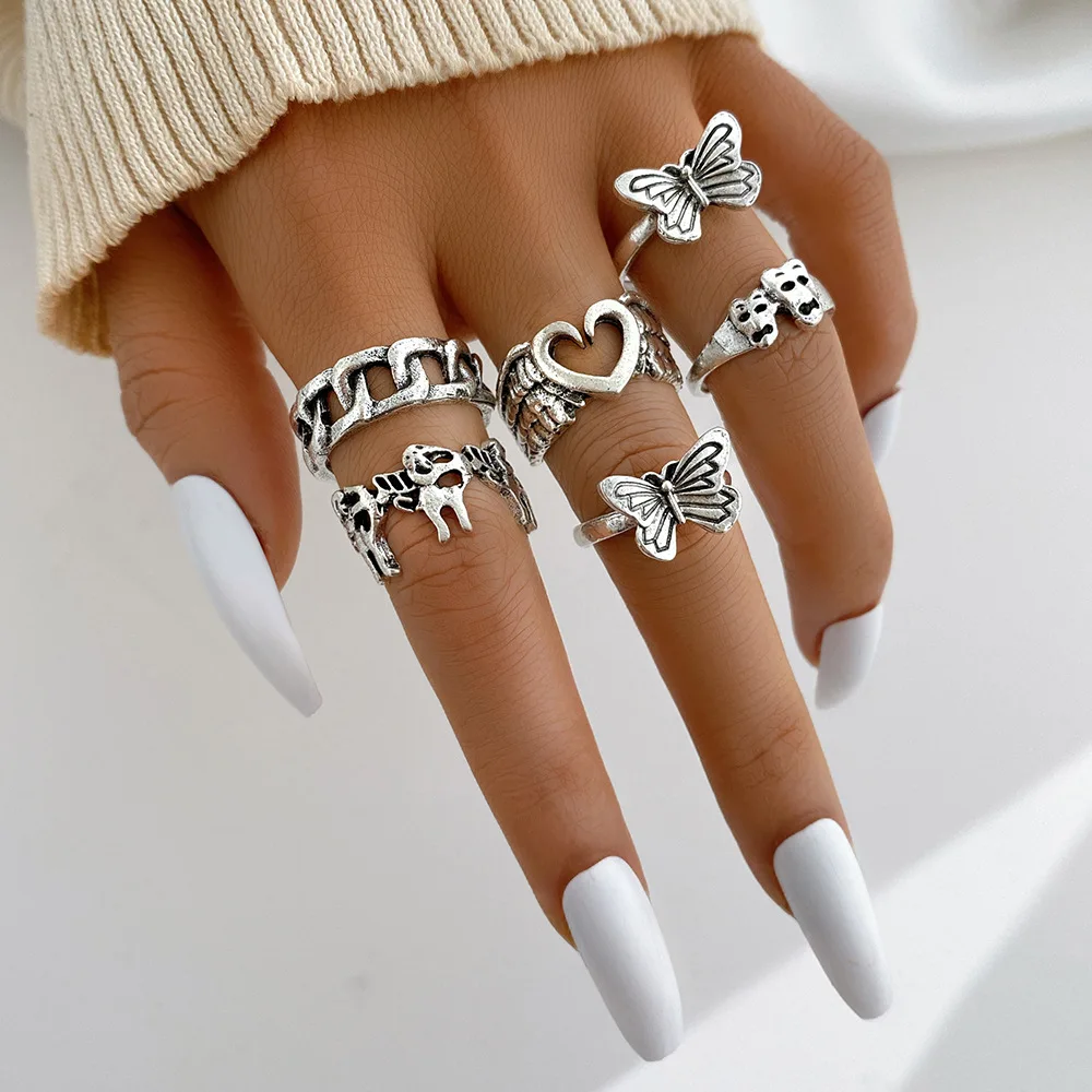 Vintage Crying Skull  Butterfly Knuckle Ring Set 6-Piece Gothic Jewelry for Men Women Adjustable Unique rings Halloween Gift
