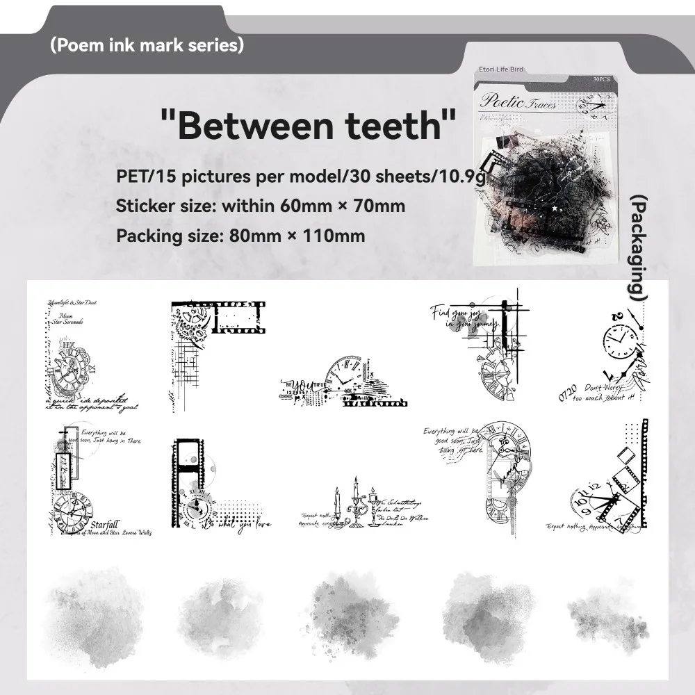Lot de 30 autocollants décoratifs en PET, série Poem Ink Mark, style collage aquarelle et vieux journal, pour DIY