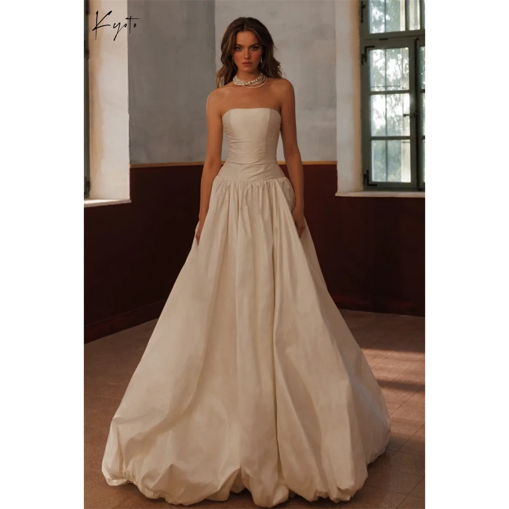 Vestido de Novia Personalizado Kyoto, Blanco Satinado, Sin Tirantes, Corte A, Sin Mangas, Vestidos de Noche Elegantes con Cola de Corte, Robe de Mariée 2026