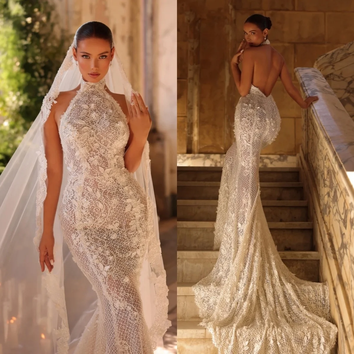 

Elegant Halter Floral Mermaid Wedding Dress Illusion Sleeveless Backless Women Customized Lace Sweep Train Bridal Gown